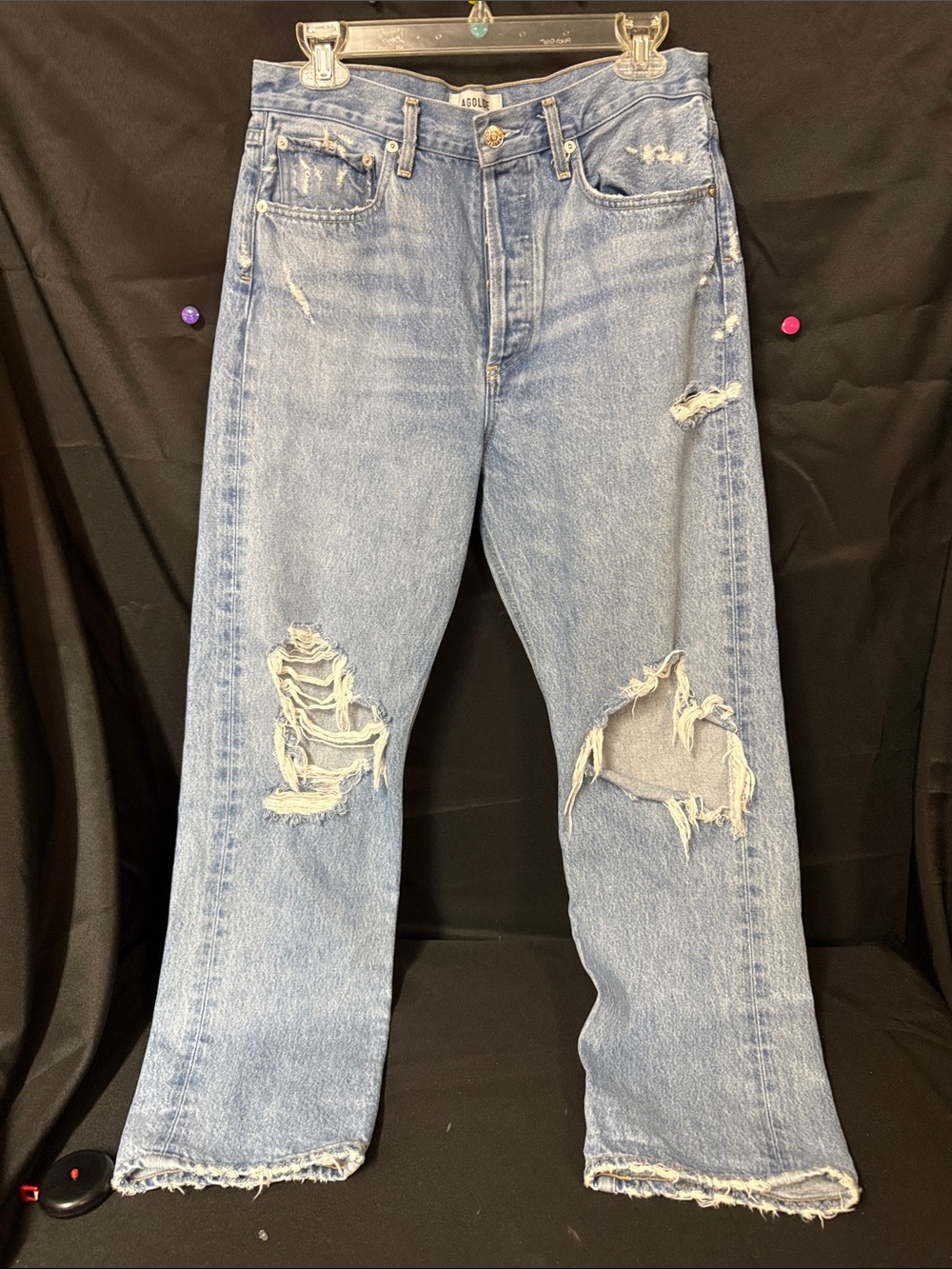 Agolde Light Blue Distressed Straight Leg Jeans